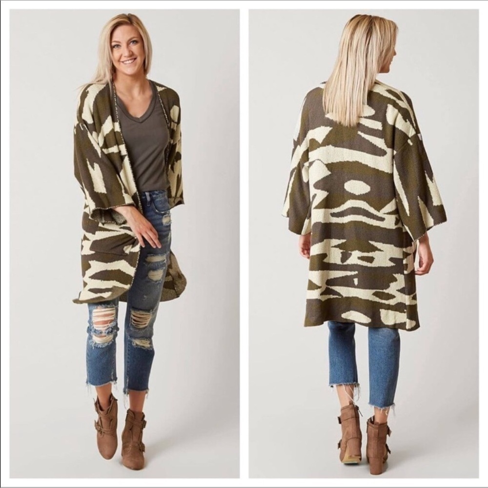 Miss Me Blend In Camo Kimono Oversized Cardigan Sweater S Long Duster Open Front